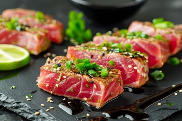 Seared ahi tuna macro with sesame seeds soy sauce wasabi and lime on the table
