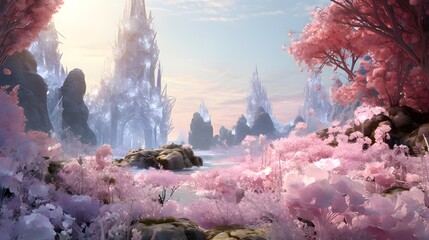 Beautiful fantasy landscape with a river and a blooming tree.