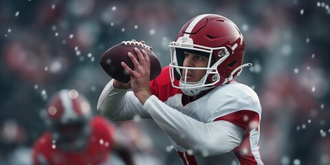 A focused football player in action, ready to throw the ball during a critical match with teammates in the background