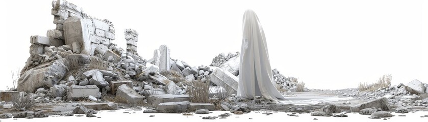 A desolate landscape with a large white object in the foreground