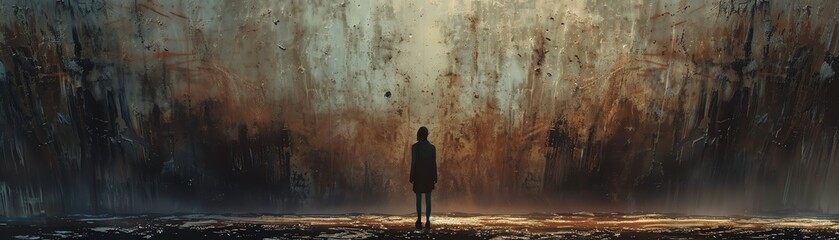 Obraz premium Explore a haunting digital masterpiece of a figure standing alone, framed from a low angle, capturing an eerie sense of vulnerability and isolation