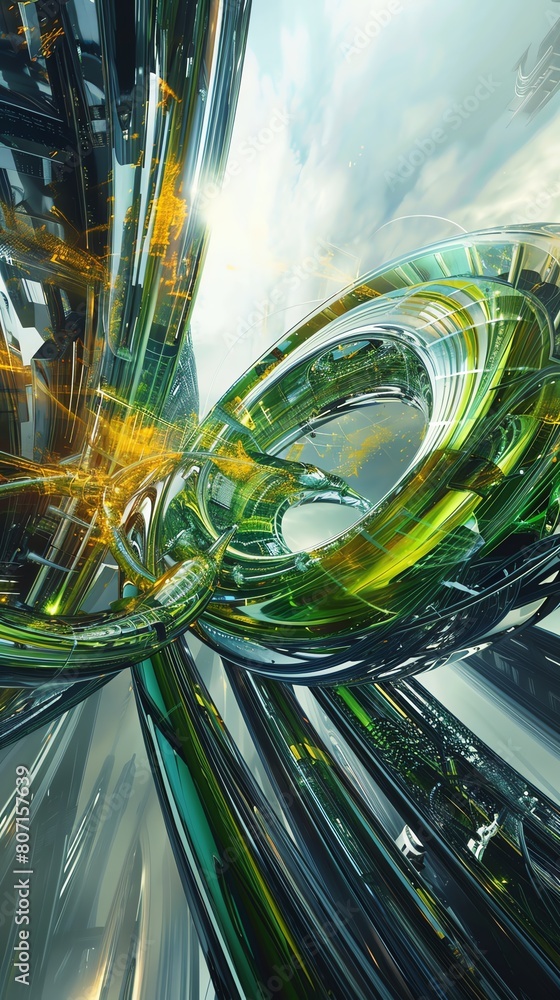Poster explore the intersection of futuristic technologies and abstract art through a low-angle perspective