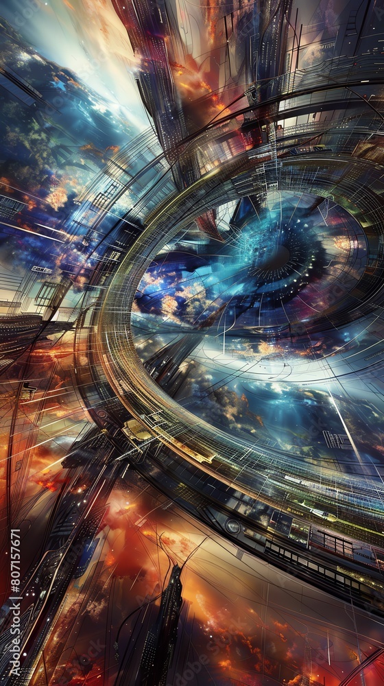 Poster explore the intersection of futuristic technologies and abstract art through a low-angle perspective