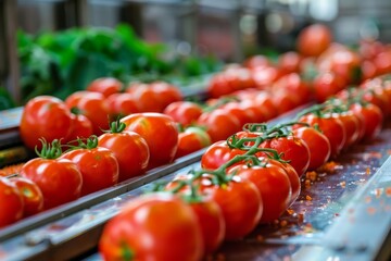 Select ripe tomatoes on a belt for processing