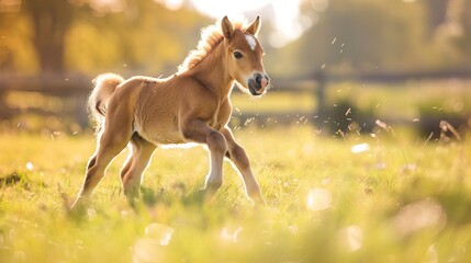 A playful baby horse gallops through a field on a sunny day.