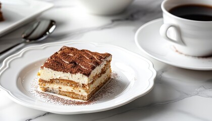 Selective focus on a slice of tiramisu dessert on a white plate with a cup of coffee on a marble table copy space available