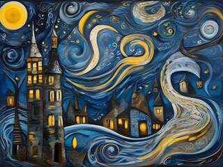 Landscape Starry Night Illustration Inspired Art