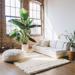 Living room interior with a white sofa green plants and white carpet