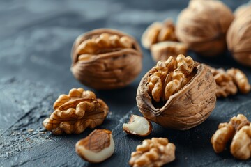 Selective focus on whole walnut and halves on black slate