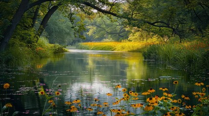Fototapeta premium A river with a lot of trees and flowers on the banks. The water is calm and the sun is shining on the flowers