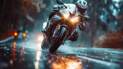 A motorcycle is shown in the rain, with the rider wearing a helmet