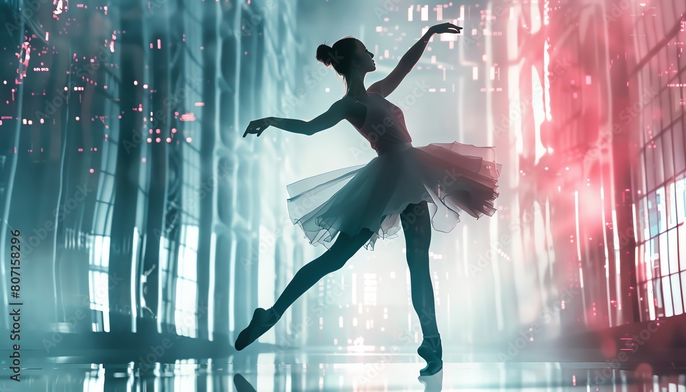 Poster immerse in a low-angle view as futuristic technologies merge with elegant ballet, captured from unex