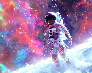 Fototapeta premium Imagine a hybrid cyber-astro fashion presentation blending holographic garments on astronauts gliding weightlessly in a cosmic runway