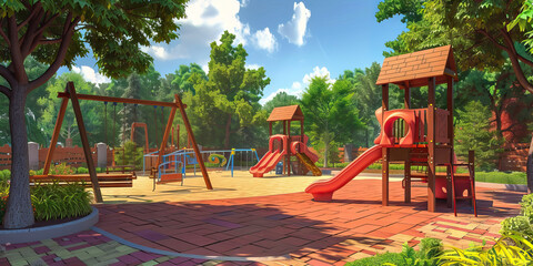 Outdoor Playground Floor: Featuring play structures, swings, slides, and open areas for outdoor play