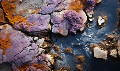 Fototapeta premium Landscape with flowering trees on rocks by the river, view from the top.