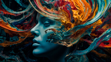 A woman with a haircut made of colorful, flowing paint in the background of swirling mass of colors