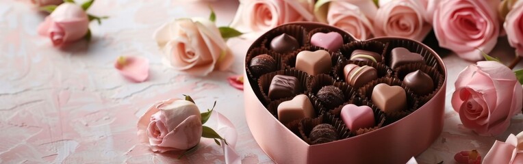 Fototapeta premium Gourmet Chocolates in a Heart Amidst Tender Roses