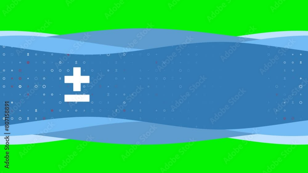 Poster animation of blue banner waves movement with white plus–minus symbol on the left. on the background 