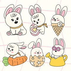 Cute bunny spring, A cartoon rabbit is holding a carrot and a green leaf, Easter bunny collection, Draw banner on pink pastel for spring season