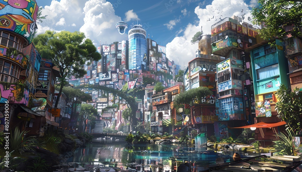 Poster transform the typical street art scene into a utopian oasis through a tilted angle view merge dream-