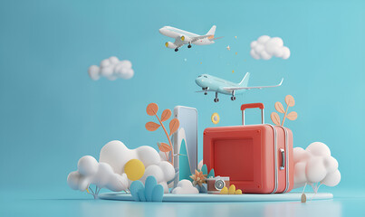 Airplane flying in clouds with suitcase Tourism and travel concept holiday vacation nature journey 3d render
