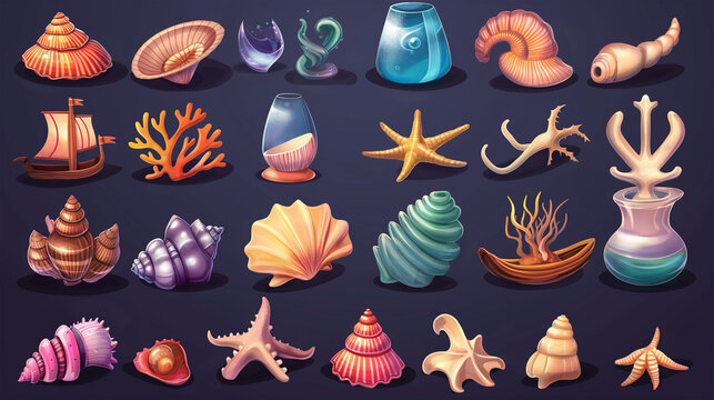 Slot of sea shell and vessels game assets set isolation, Illustration