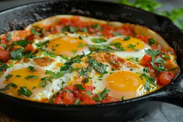 Shakshouka comforting homemade egg and tomato dish cooked in cast iron pan