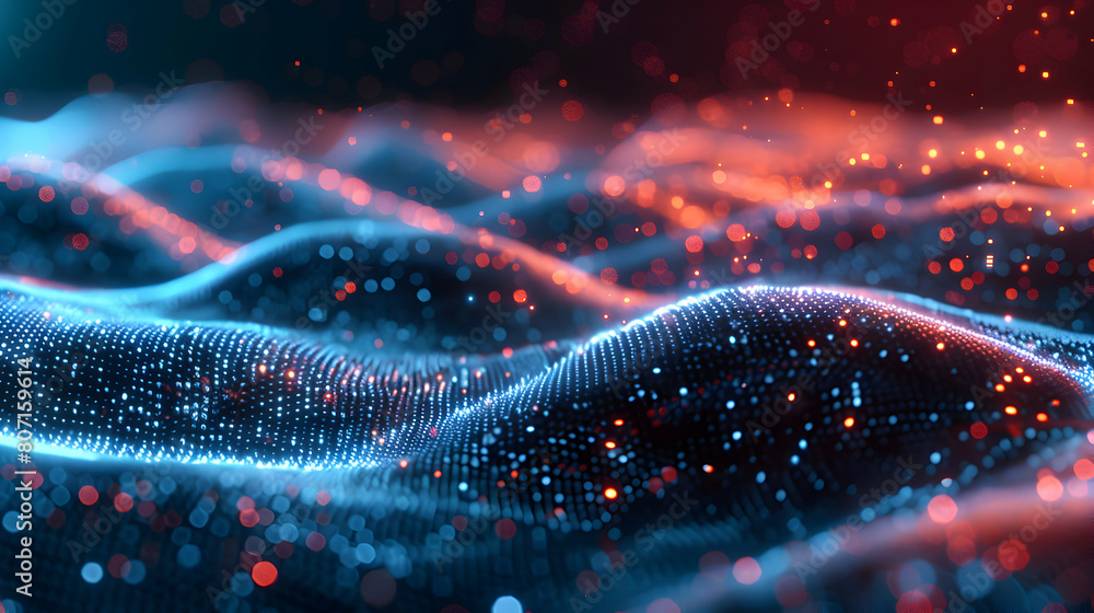 Poster technological evolution: a photorealistic data stream flowing through a digital landscape -visual re