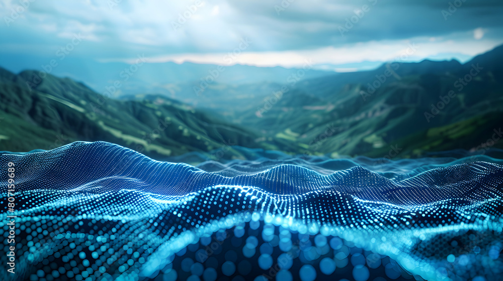 Poster digital data stream valley: realistic photo stock of streams of data flowing in abstract landscape