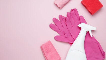 Various accessories cleaning products, sprays, rags, sponges and brushes. Top view, flat lay, copy space