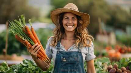 female farmer holding freshly picked carrots from her organic garden