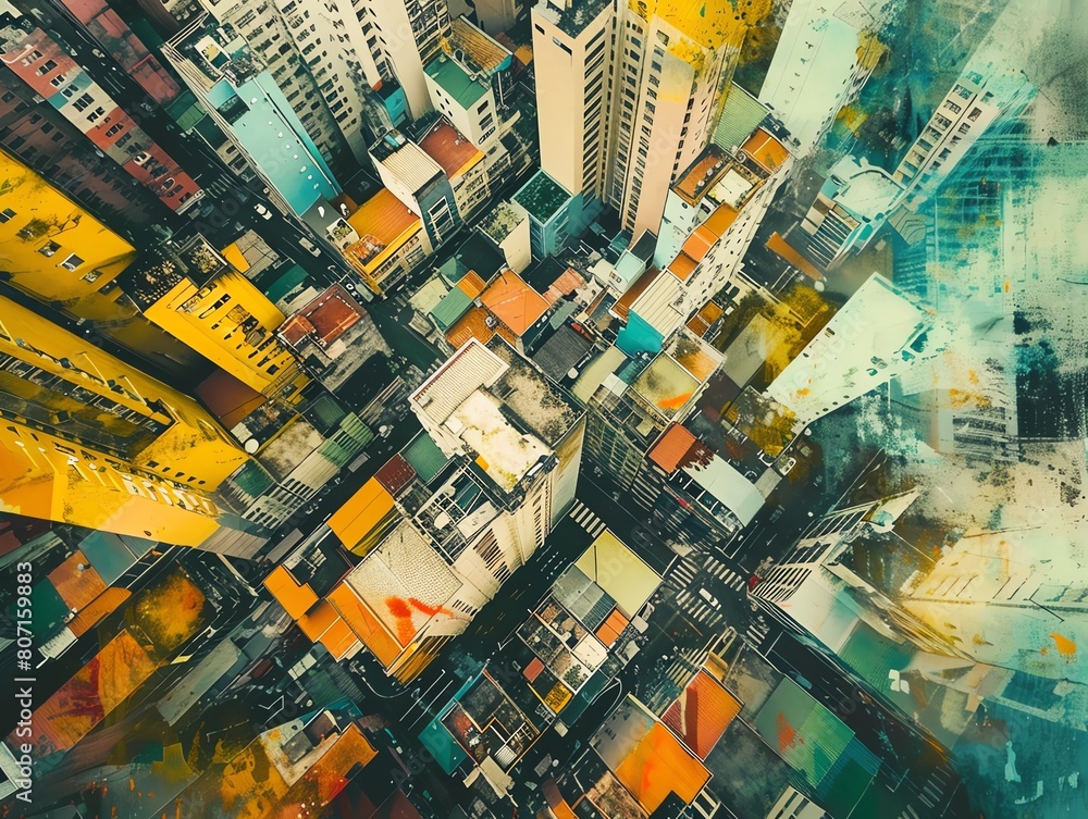 Poster capture the cityscape in a dystopian future from a birds-eye view blend abstract shapes and vibrant 