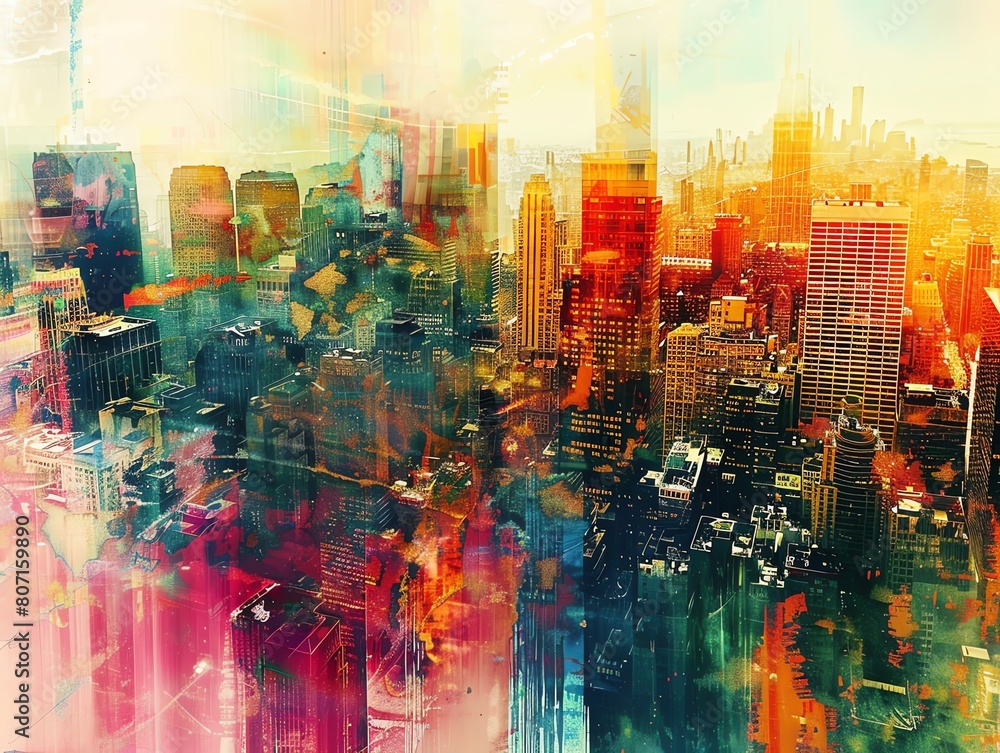 Poster capture the cityscape in a dystopian future from a birds-eye view blend abstract shapes and vibrant 