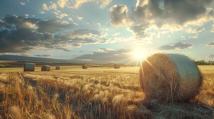 A field of hay bales with a sun shining on one of them