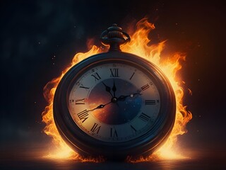 burning clock, don't waste time, symbolizes that time passes quickly, black universe backround