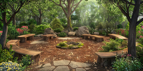 Outdoor Learning Area Floor: Displaying benches, natural features like trees or rocks, and designated spaces for outdoor lessons