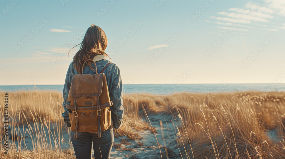 Poster a woman is walking on a beach with a brown backpack on her back. the beach is empty and the sky is c