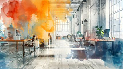 Design Dynamics: An Office Space Where Design and Function Meet, Illustrated in Watercolor
