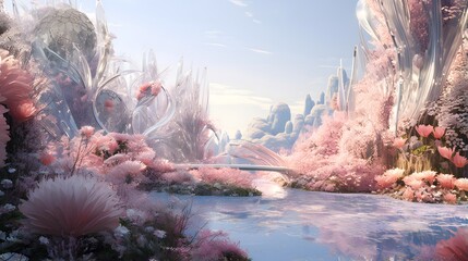 Fantasy landscape with blooming trees and river. 3d rendering