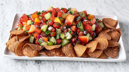 fruit salsa with cinnamon chips on white plate, accompanied by chips in brown, white, and brown - and - white hues
