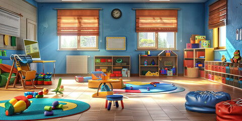 Special Education Classroom Floor: Showing sensory-friendly furniture, learning aids, and specialized equipment for students with disabilities