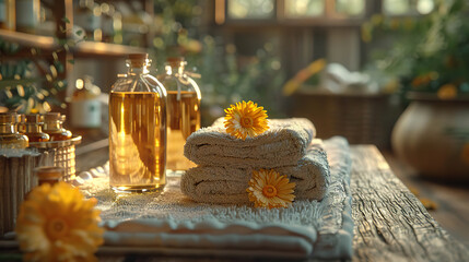 Essential Oil Bottles, Towels and Flowers in a Rustic Spa Setting. Generated by AI