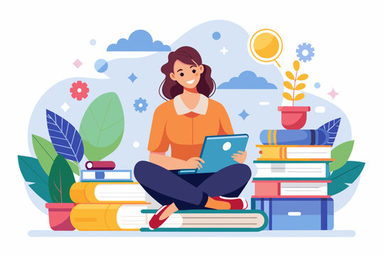 A woman is sitting with a laptop open in front of a stack of books, woman in front of a laptop sitting with books on online learning, Simple and minimalist flat Vector Illustration