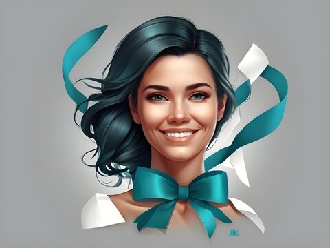 Illustration of woman with a warm smile a striking teal ribbon around her neck as a symbol of ovarian cancer awareness.
