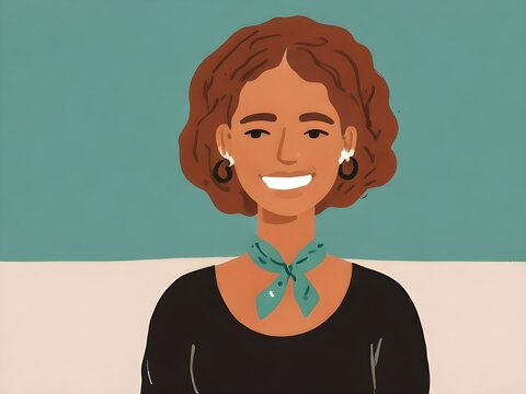 Illustration flat style of woman with a warm smile a striking teal ribbon around her neck as a symbol of ovarian cancer awareness.