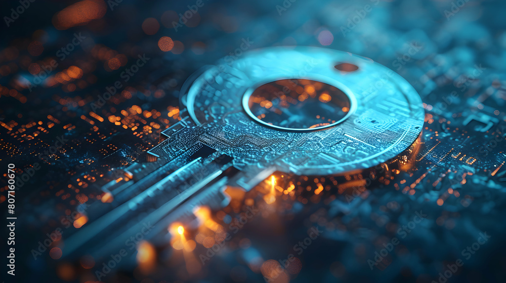 Poster abstract digital encryption key symbol for strong privacy and security - photo realistic concept
