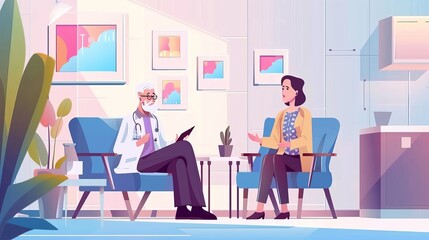 A therapist talks to an elderly patient in a hospital. A flat vector illustration showing treatment in a cartoon style. A colorful scene that can be used for websites, presentations, or mobile apps.