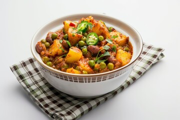 Spicy Indian mixed vegetable dish with potatoes and beans served in a bowl with a checkered napkin on white background