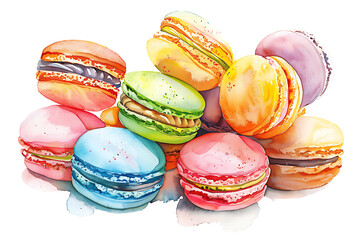 Obraz premium Watercolor painting Delicious sweets Macarons served on white background.