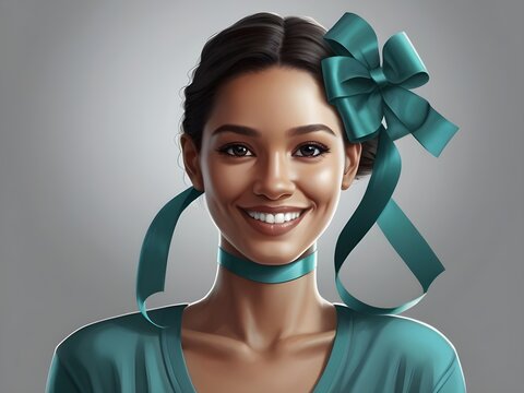 Illustration of woman with a warm smile a striking teal ribbon around her neck as a symbol of ovarian cancer awareness. - Powered by Adobe